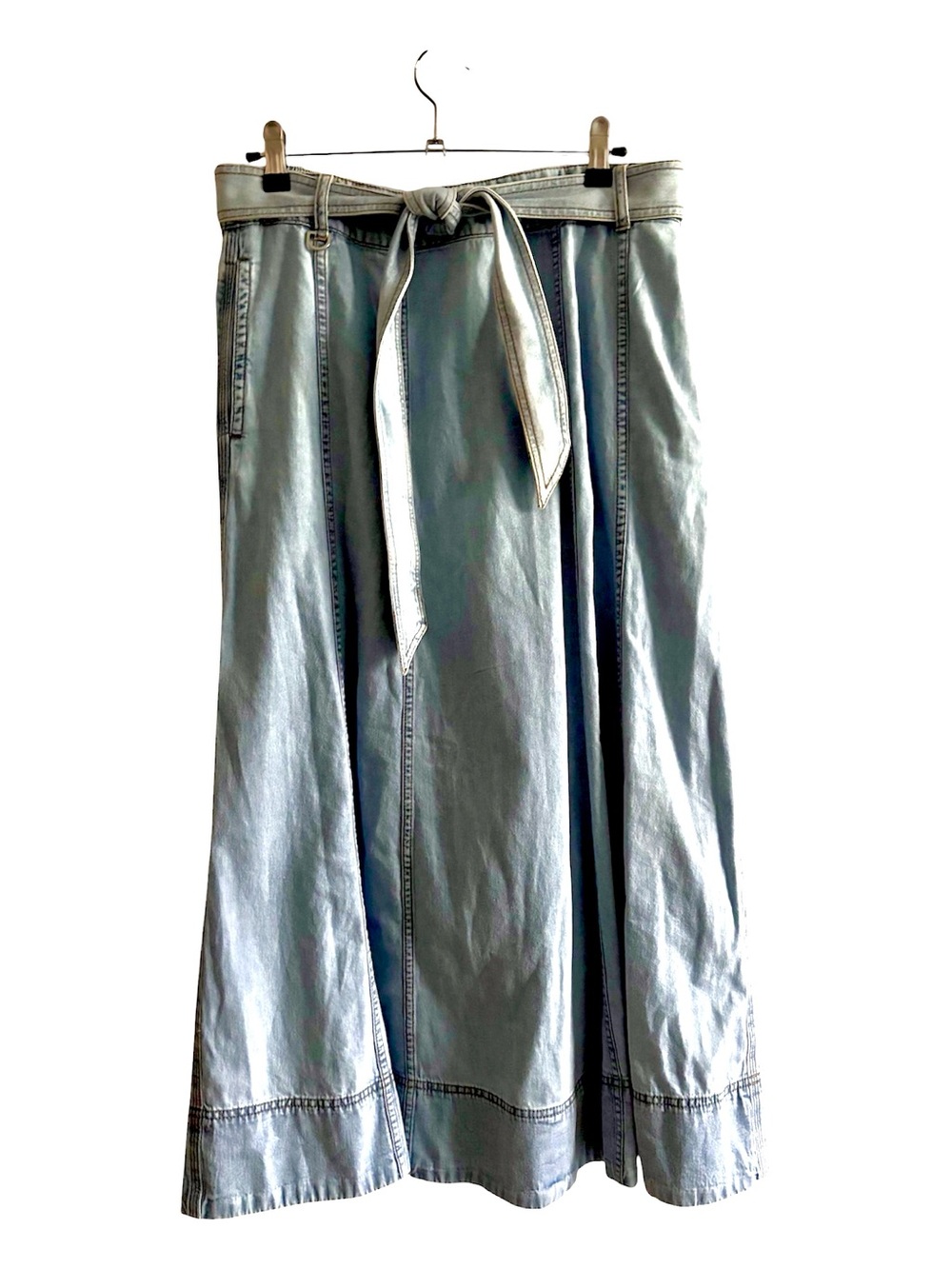 LOFT Light Blue Denim A-Line Paneled Full Tie-Waist Midi Skirt, NWT - Picture 4 of 6